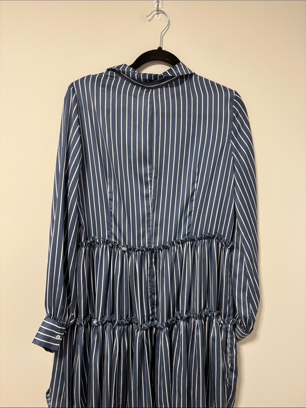 Maje Blue and White Striped Tiered Long-Sleeve Shirt Dress - Picture 8 of 11
